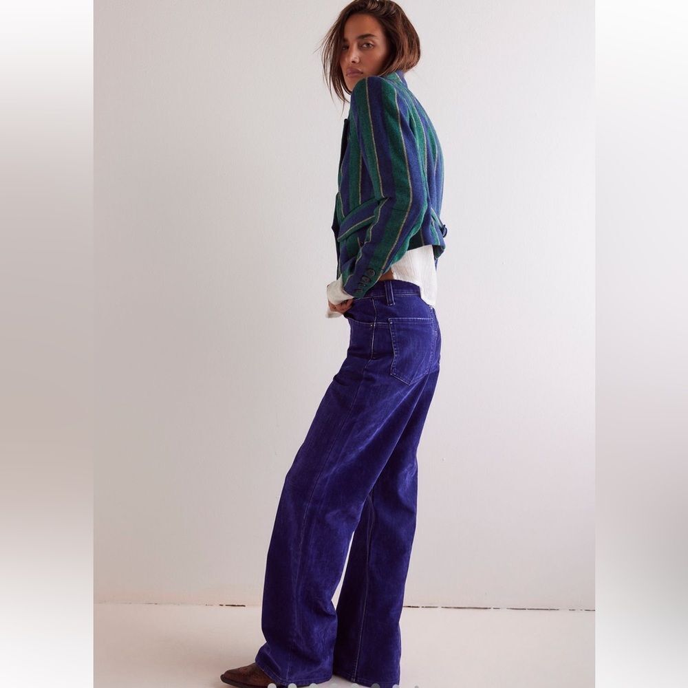 Free People We the Free Tinsley Baggy High Rise Flocked Jeans Twilight Blue - Picture 6 of 14